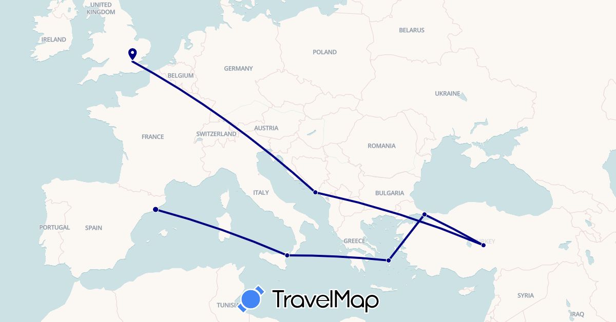 TravelMap itinerary: driving in Spain, United Kingdom, Greece, Croatia, Italy, Turkey (Asia, Europe)
